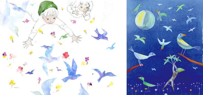 Left: Chihiro Iwasaki, from Aoi Tori (The Blue Bird), Sekai Bunka Sha, 1969 Right: Fumiko Hori, from Toppan Emonogatari 15 Aoitori (Toppan Picture Stories, no.15: The Blue Bird), Froebel-kan, 1969