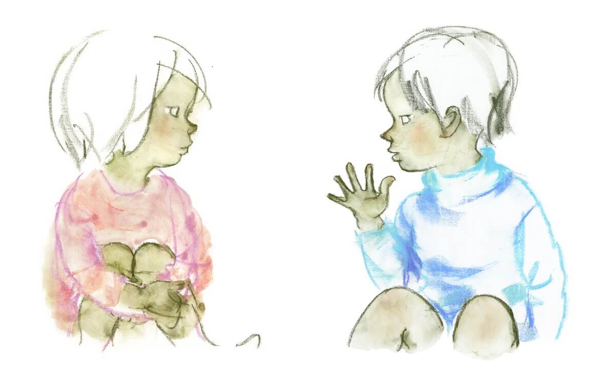 岩崎知弘 穿著粉紅色毛衣的女孩，穿著淺藍色毛衣的男孩，出自《鄰居來的孩子》（志光社），1970年
