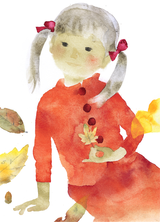 いわさきちひろ　枯れ葉と赤い服の少女　1971年