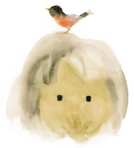 作品:いわさきちひろ 小鳥と少女『ことりのくるひ』(至光社)より 1971年あたまの上に小鳥がとまり、驚きで目を見開き口もとを手で押さえる少女が描かれています。