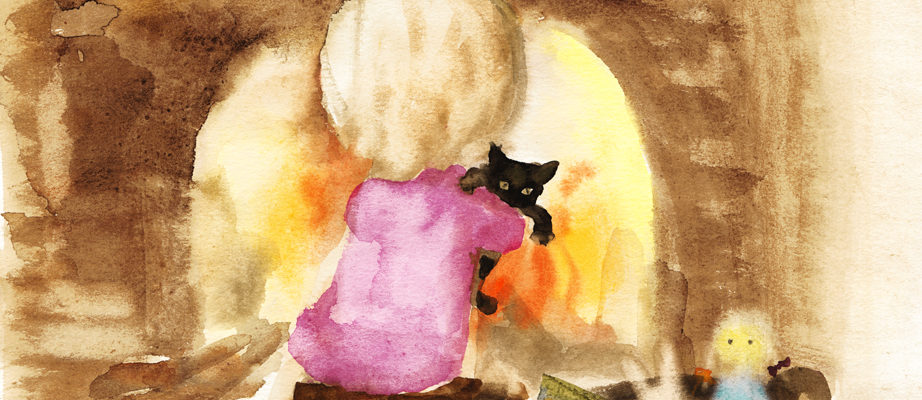 いわさきちひろ　暖炉の前で猫を抱く少女　1971年