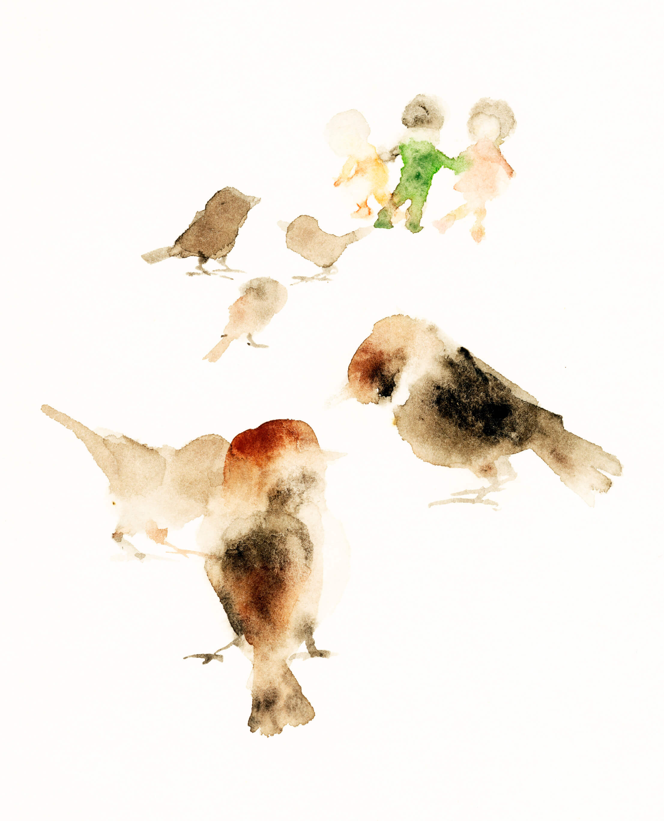 いわさきちひろ　6羽のすずめと子どもたち　1972年頃