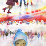 いわさきちひろ　スケートをする子どもたち　1965年 水彩技法。画面上部にスケート靴をはいた3人の子どもたちの足もと。画面中央には赤い空に浮かび上がる積み木のような形の家並みと犬。 画面下部には水色の毛糸帽をかぶった子どもの顔が大きく描かれている。子どもの背景には木立が描かれている。