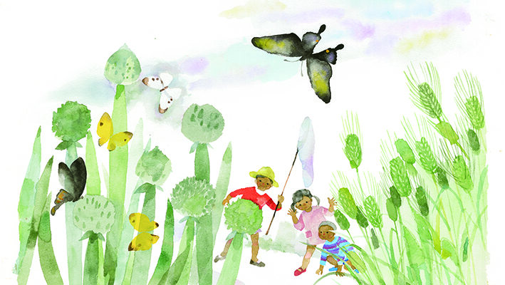 ねぎぼうず、麦、子どもたち、蝶