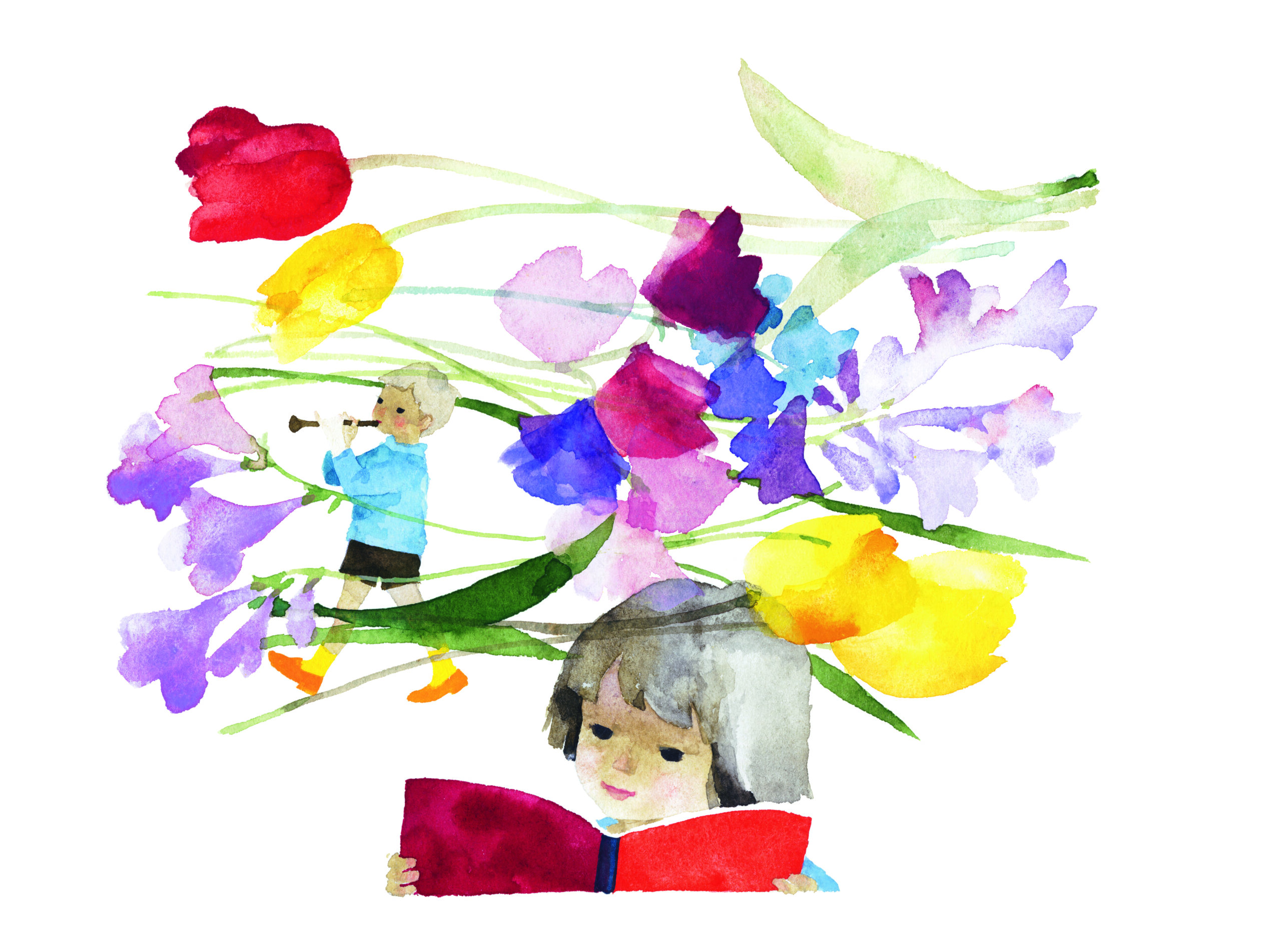 いわさきちひろ　笛を吹く少年と本を読む少女　1960年代前半