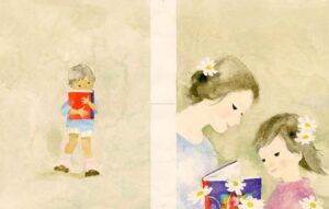 いわさきちひろ　本を読む母と子、本を抱える男の子　1962年