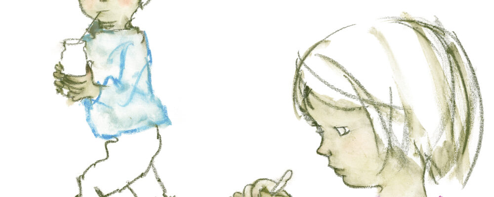 いわさきちひろ　外で朝ごはんを食べるふたり　『となりにきたこ』（至光社）1970年