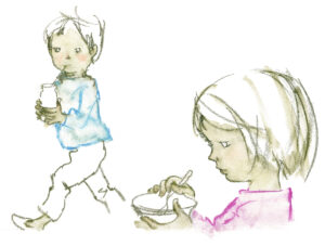 いわさきちひろ　外で朝ごはんを食べるふたり　『となりにきたこ』（至光社）1970年