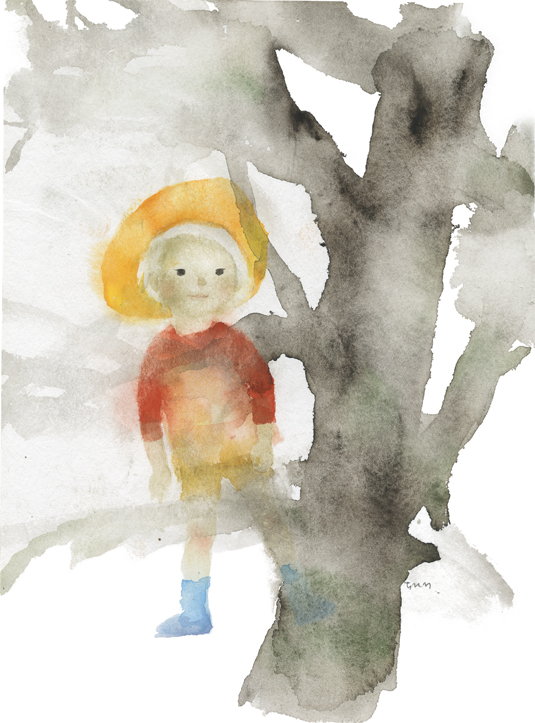 いわさきちひろ　太い木と麦わら帽子の少年　1971年