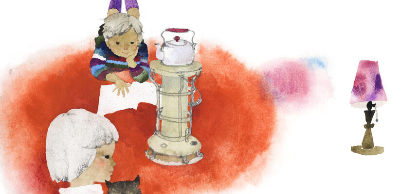作品：いわさきちひろ　ストーブとふたりの子ども　1960年代後半