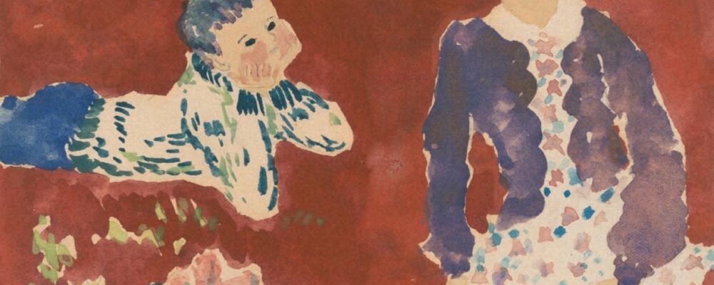 いわさきちひろ　木の実の下で寝そべる男の子と本を広げる少女　1940年代後半