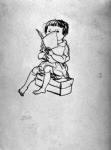 いわさきちひろ　箱に腰かけて本を見る女の子　1950年代前半