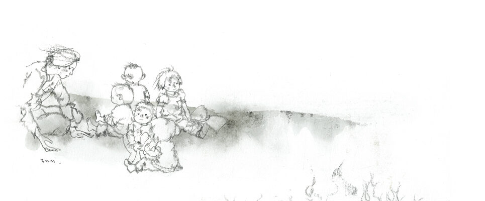 いわさきちひろ　焼け出された園児と先生『わたしがちいさかったときに』（童心社）より　1967年