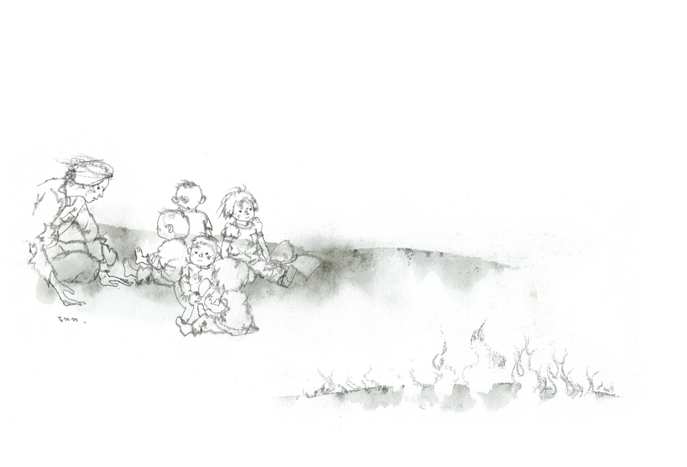 いわさきちひろ　焼け出された園児と先生『わたしがちいさかったときに』（童心社）より　1967年
