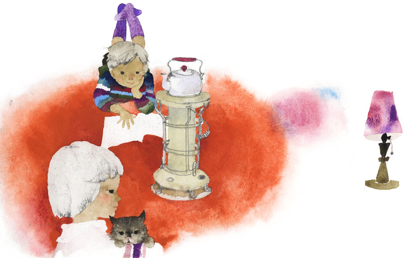 いわさきちひろ　ストーブとふたりの子ども　1960年代後半