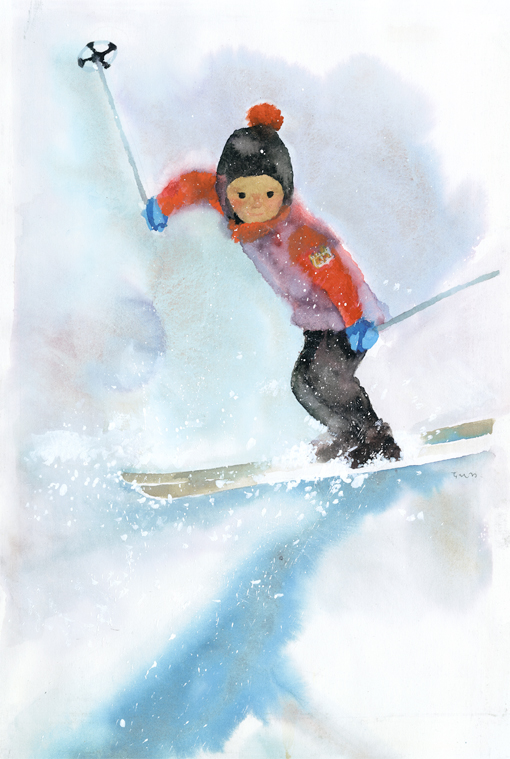 いわさきちひろ「少年スキーヤー」仮題　水彩額41.5×53絵￼25.5×31cm いわさきちひろ「少年スキーヤー」仮題 水彩額41.5×53絵￼25.5×31cm