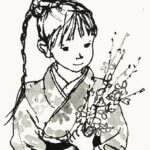 いわさきちひろ　花の小枝を持つ和服の少女　1960年代半ば