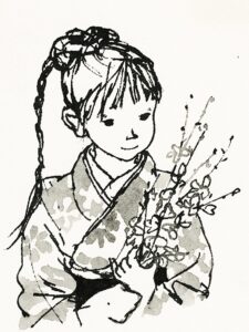 いわさきちひろ　花の小枝を持つ和服の少女　1960年代半ば