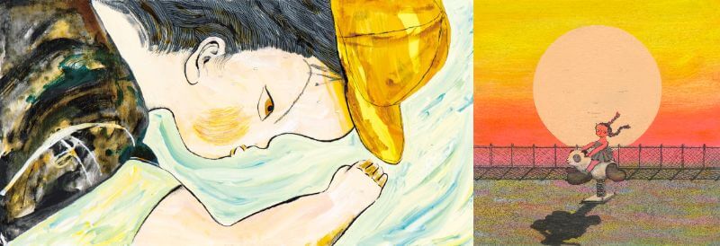 左)ザ・キャビンカンパニー『がっこうにまにあわない』(小学館)より 2023年 右)ザ・キャビンカンパニー『ゆうやけにとけていく』(あかね書房)より 2022年