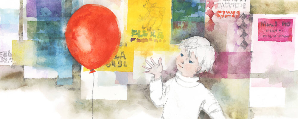 いわさきちひろ　風船と街へ出るパスカル　1968年