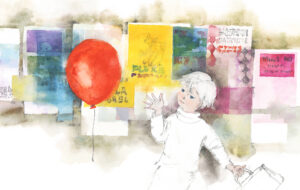 いわさきちひろ　風船と街へ出るパスカル　1968年