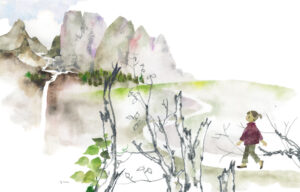 図５　いわさきちひろ　山に向かう男の子『りゅうのめ のなみだ』（偕成社）より１９６５年