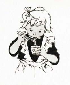 図３　いわさきちひろ　そばを食べるフリルスカートの女の子　１９６４年