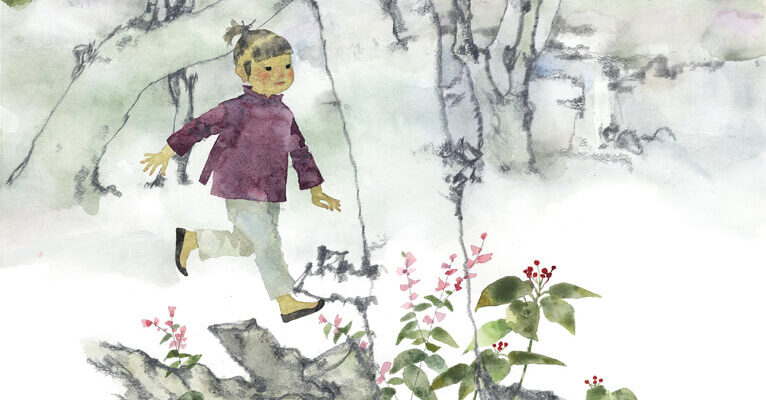 作品：いわさきちひろ　山道を行く男の子 『りゅうのめのなみだ』（偕成社）より　1965年