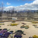 いわさきちひろの「にじのはし」（1963年）を表現したパンジーの地上絵