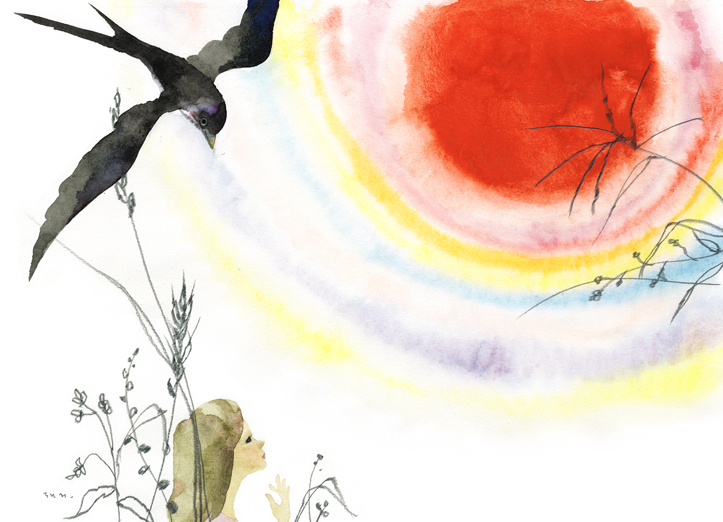 いわさきちひろ　おひさまを見るおやゆび姫とつばめ　1966年