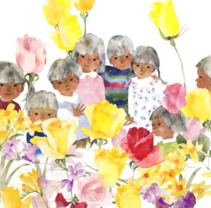 作品：いわさきちひろ　春の花と子どもたち　1965年頃
Illustration: Chihiro Iwasaki, Children and Spring Flowers, around 1965
