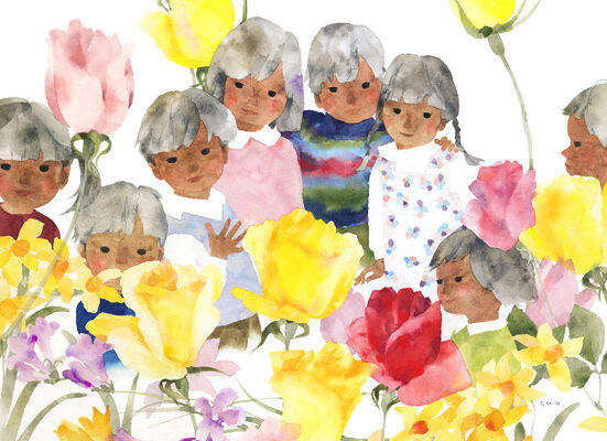 作品：いわさきちひろ　春の花と子どもたち　1965年頃 Illustration: Chihiro Iwasaki, Children and Spring Flowers, around 1965