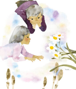 いわさきちひろ 水仙とつくしを見る子ども 1967年