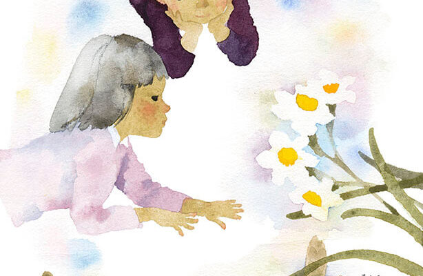 いわさきちひろ　水仙とつくしを見る子ども　1967年