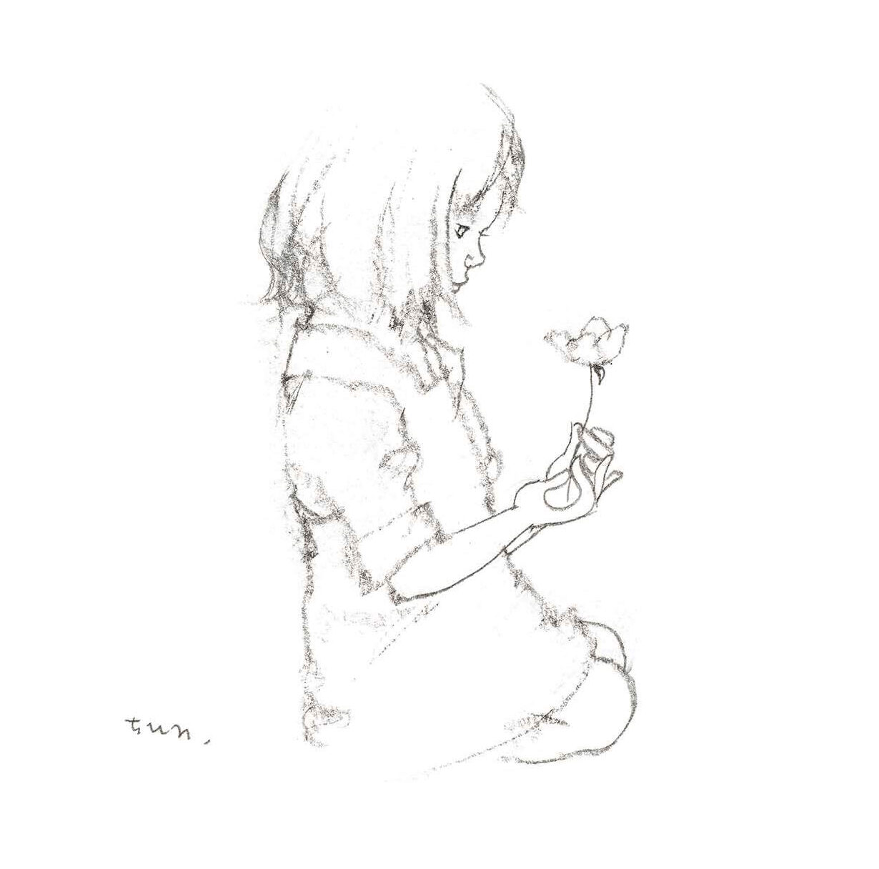 いわさきちひろ　 1輪の花を見つめる少女　 1968年
